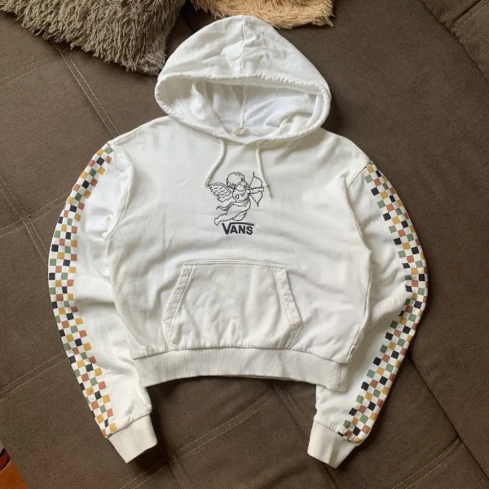 Vans White Hoodie with Checkered Sleeves and Cherub Graphic